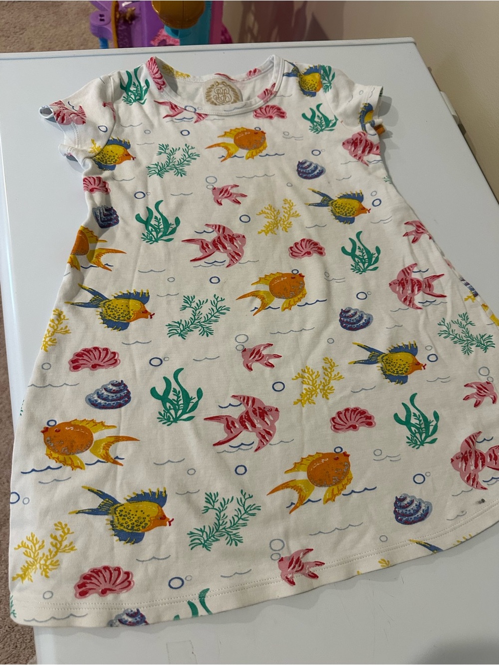 The Beaufort Bonnet Company White Dress with Yellow, Pink and Green Sea Life